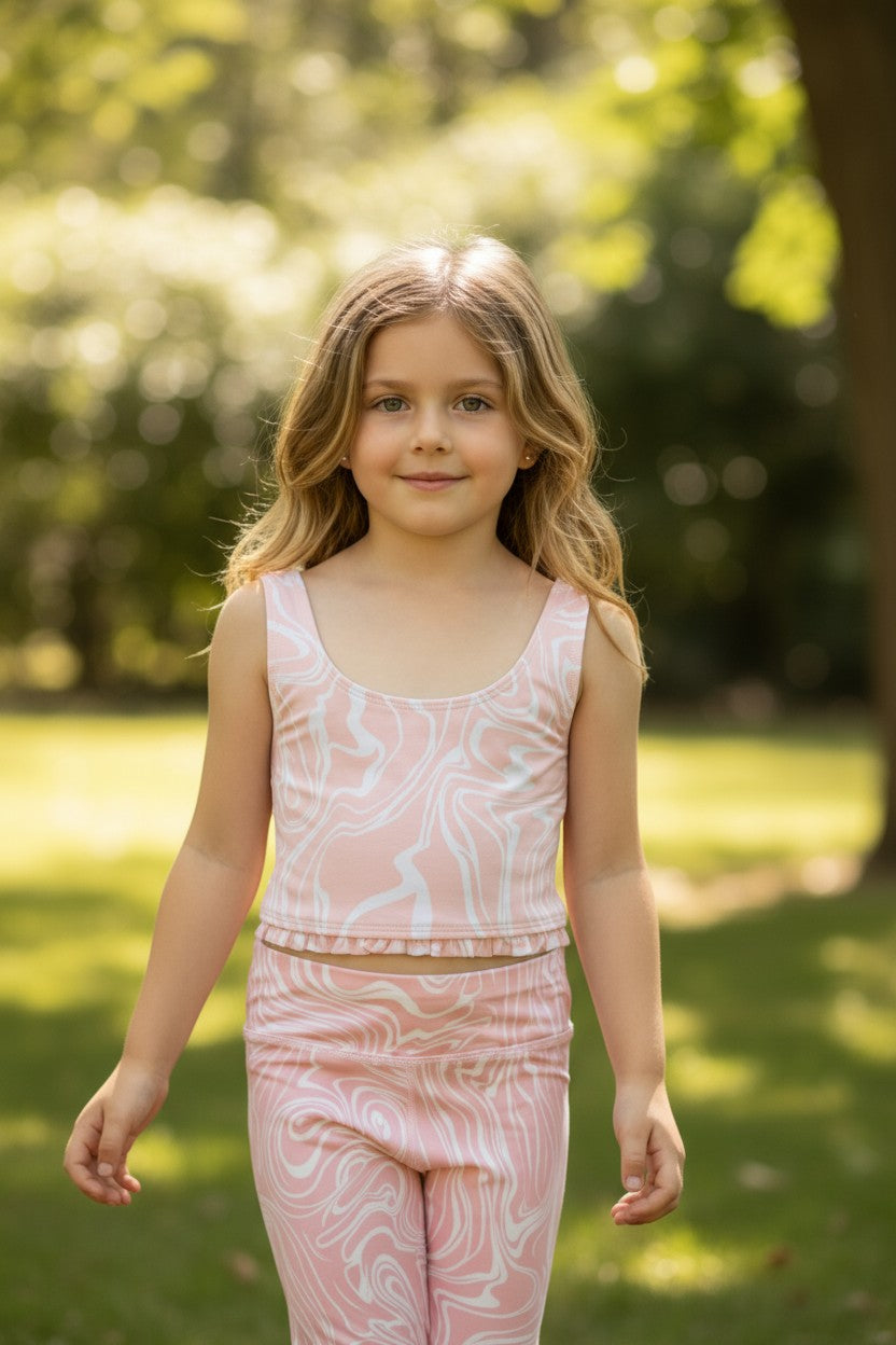 Yogalicious Girls 2-Piece Active Set – Peach Swirl Crop Top & Leggings (Size 7/8)