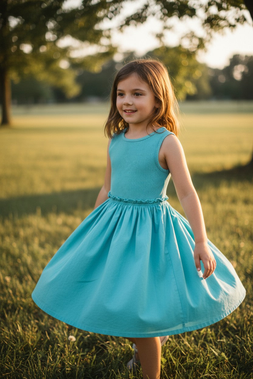 Thereabouts Girls Sleeveless Dress – Teal Ribbed Bodice & Flared Skirt – Size 4-5Y (XXS)