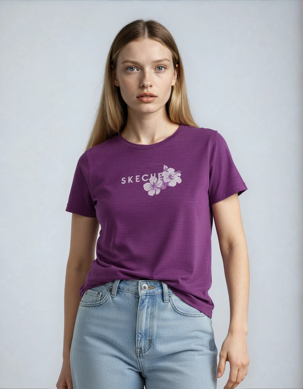 Skechers Women’s Purple Graphic T-Shirt – Casual Everyday Comfort