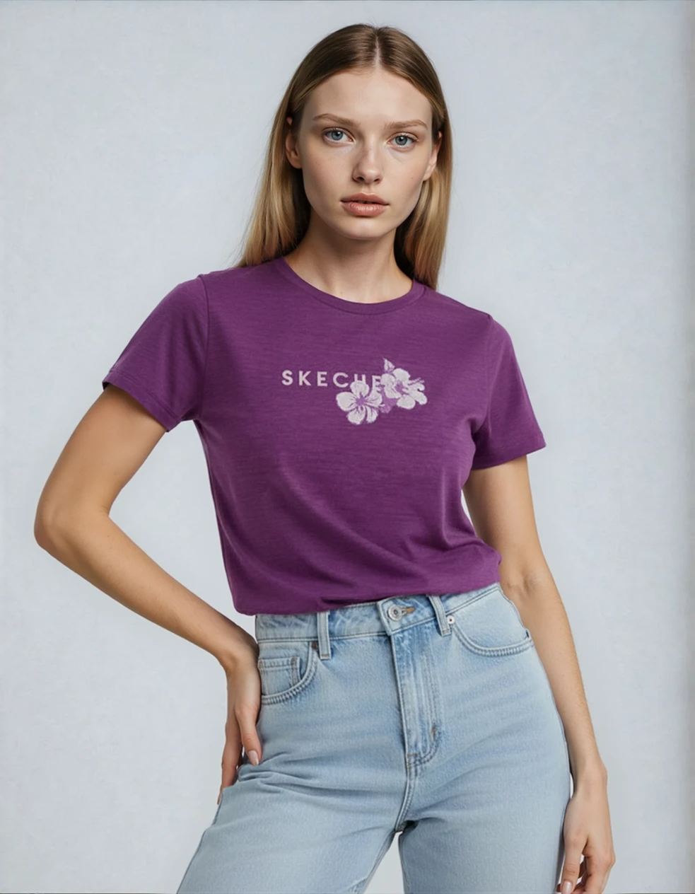 Skechers Women’s Purple Graphic T-Shirt – Casual Everyday Comfort